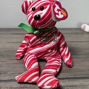 Ty Beanie Baby 2007 *Holiday Teddy* Red Candy Cane Striped •Tags Attached•